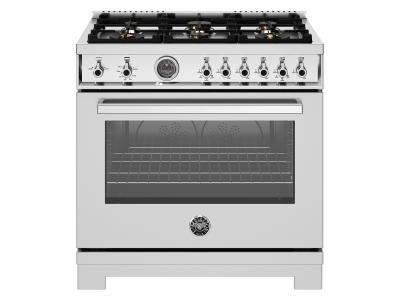 36" Bertazzoni All Gas Range with 6 Brass Burners and Cast Iron Griddle in Stainless Steel - PRO366BCFGMXT