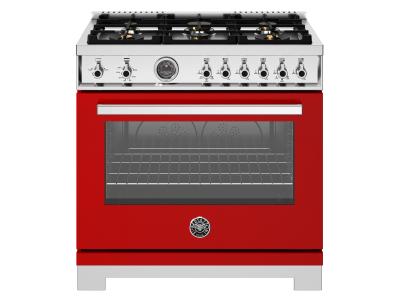 36" Bertazzoni All Gas Range with 6 Brass Burners and Cast Iron Griddle in Rosso - PRO366BCFGMROT
